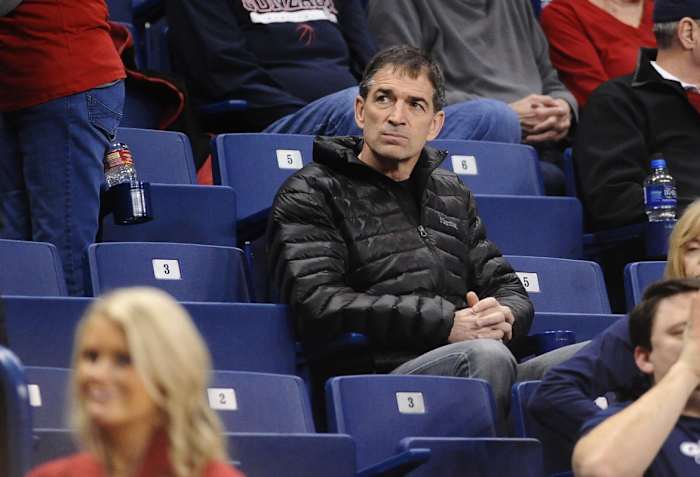 Spokane, WA, USA; NBA hall of fame player John Stockton looks on during the Pacific Tigers at Gonzaga Bulldogs during the first half at McCarthey Athletic Center.